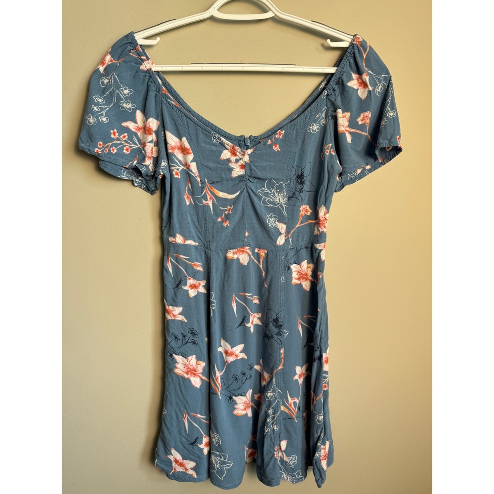 Roxy Floral Off Shoulder Mini Dress Small Blue‎ Boho Tropical Summer Cottagecore